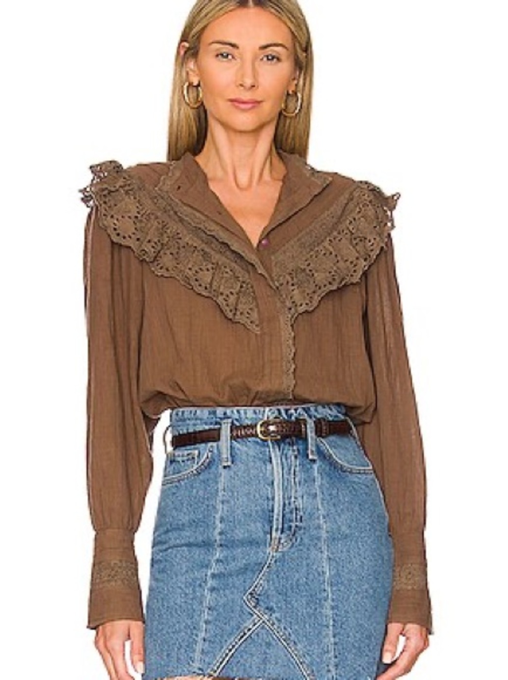 Free People Hit The Road button down blouse in Coffee Date eyelet ruffle yoke - Picture 11 of 14